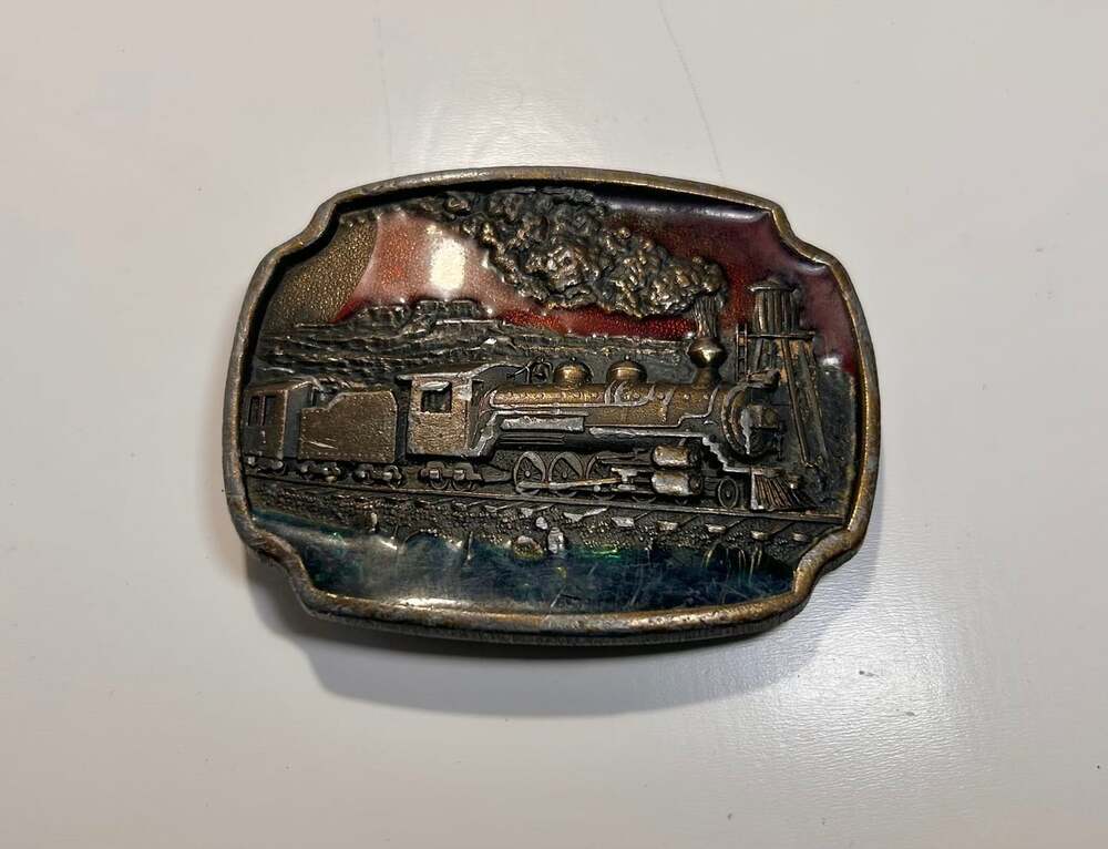 Locomotive Steam Engine Train Brass Belt Buckle vintage READ